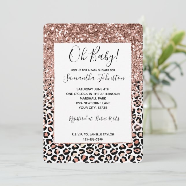 Invitación Purpurina de leopardo blanco rosado Rosa Rosa (Anverso de pie)