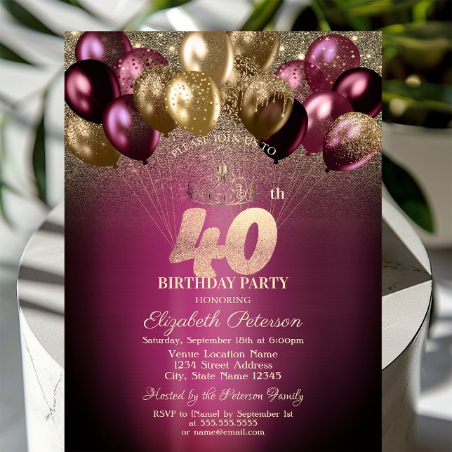 Invitación Purpurina de los globos de Borgoña 40 cumpleaños (Subido por el creador)