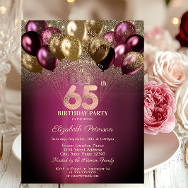 Invitación Purpurina de los Globos de Borgoña 65º cumpleaños