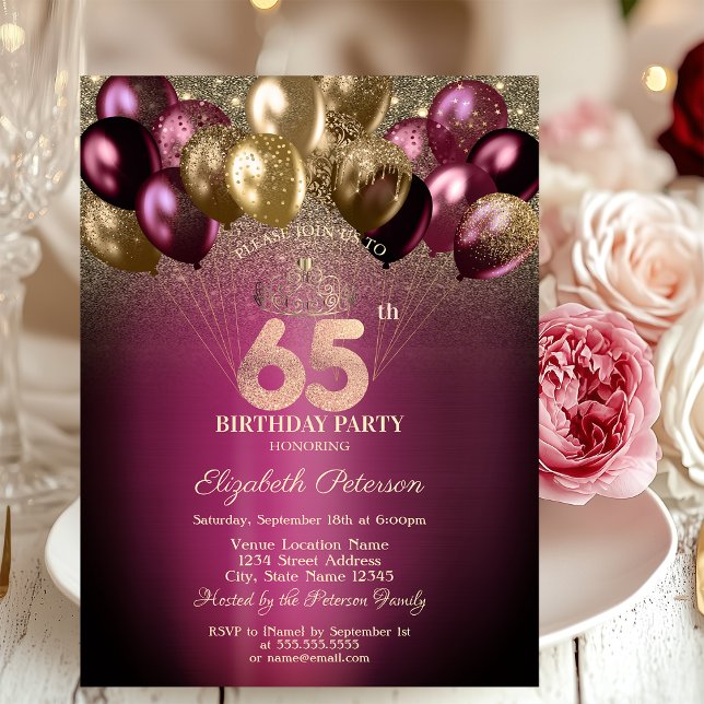 Invitación Purpurina de los Globos de Borgoña 65º cumpleaños (Subido por el creador)