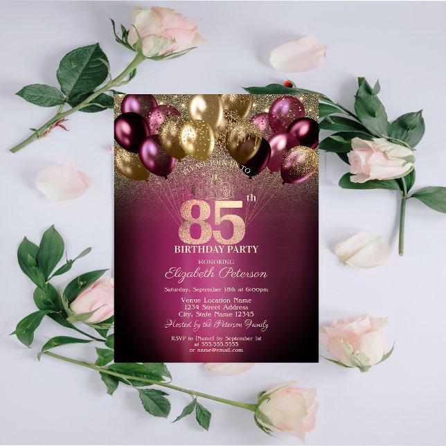 Invitación Purpurina de los globos de Borgoña 85º cumpleaños (Subido por el creador)