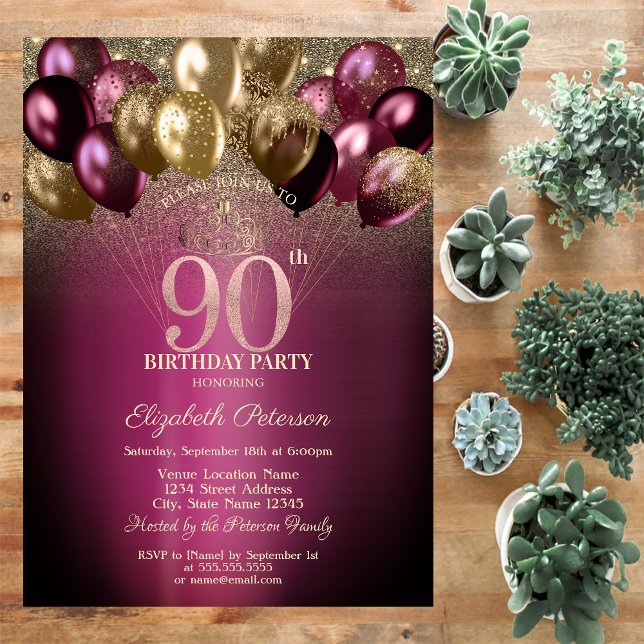 Invitación Purpurina de los globos de Borgoña 90 cumpleaños (Subido por el creador)