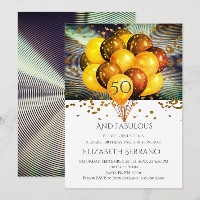 Invitación Purpurina de los globos de la fiesta de cumpleaños (Anverso / Reverso)