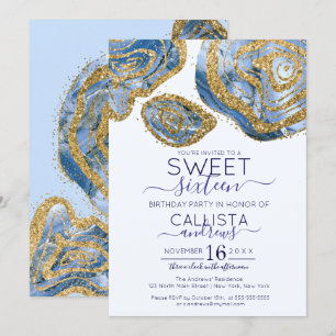 Invitación Purpurina de lujo Blue Gold Marble Agate 16