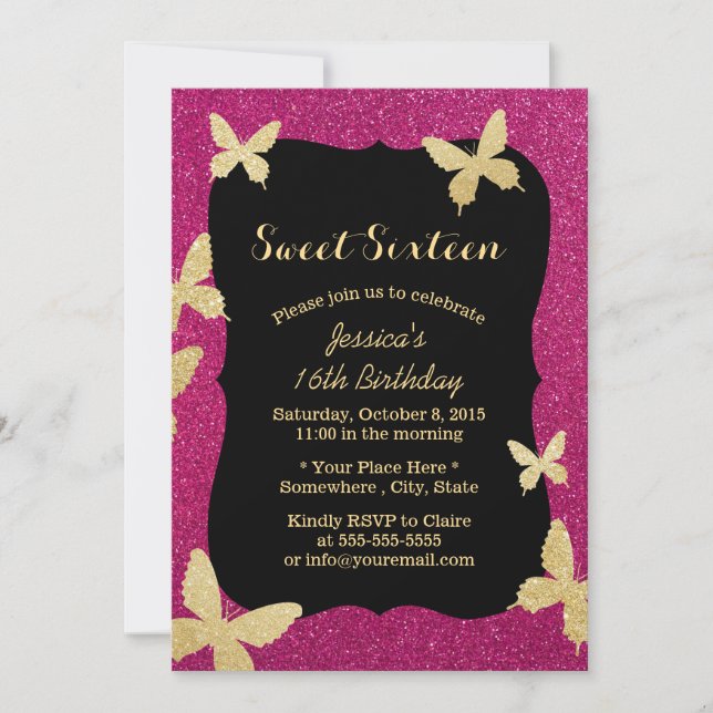 Invitación Purpurina de lujo Butterflies Sweet 16 (Anverso)