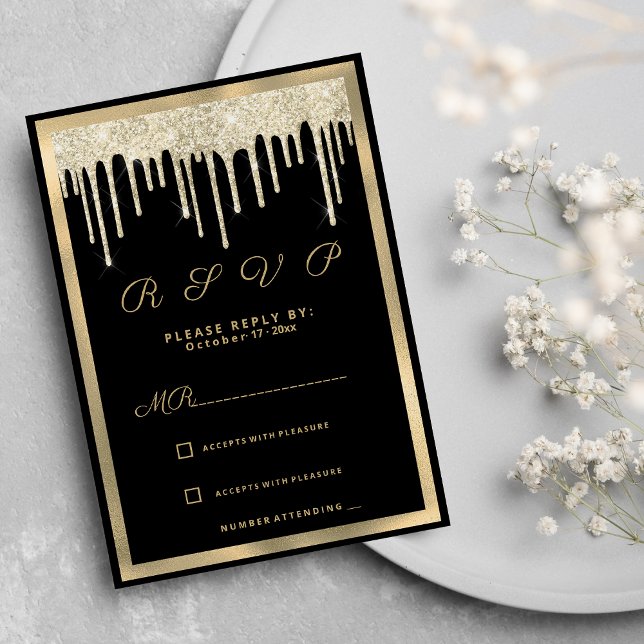 Invitación Purpurina de lujo de oro negro gotea RSVP (Black gold luxury glitter drips RSVP)