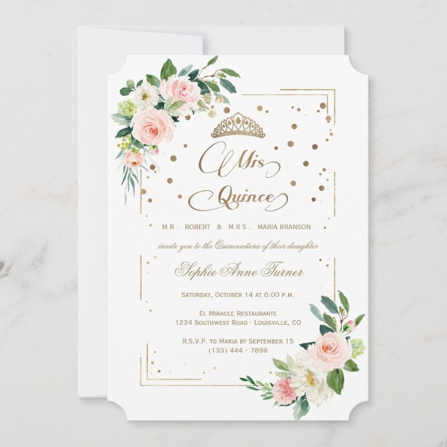 Invitación Purpurina de lujo Floral Mis Quince Quinceañera (Anverso)