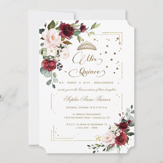 Invitación Purpurina de lujo Floral Mis Quince Quinceañera (Anverso)