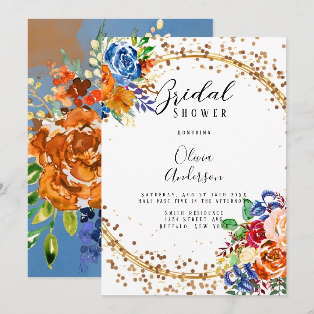 Invitación Purpurina de lujo Naranja azul Floral Bridal Showe (Anverso / Reverso)