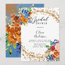 Invitación Purpurina de lujo Naranja azul Floral Bridal Showe