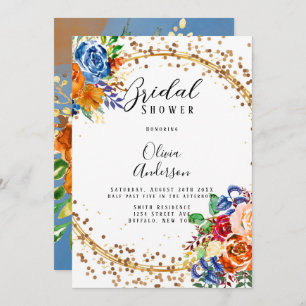 Invitación Purpurina de lujo Naranja azul Floral Bridal Showe