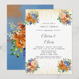 Invitación Purpurina de lujo Naranja Azul Floral Parejas Duch