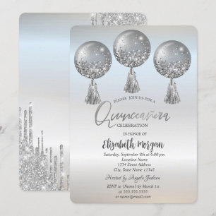 Invitación Purpurina de lujo perfora globos de plata Quinceañ