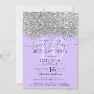 Invitación Purpurina de lujo Plata Púrpura Confetti Sweet 16