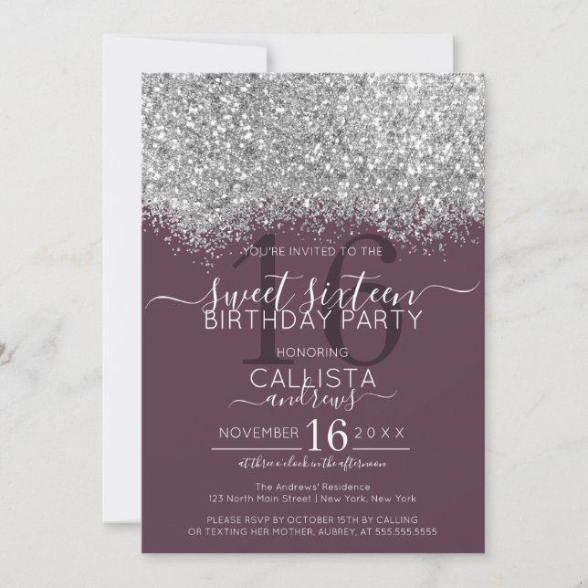Invitación Purpurina de lujo Plata Púrpura Confetti Sweet 16 (Anverso)