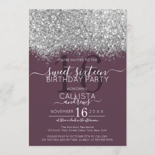 Invitación Purpurina de lujo Plata Púrpura Confetti Sweet 16