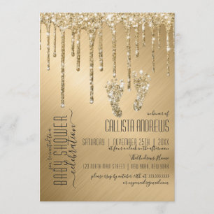 Invitación Purpurina de lujo Sparkly Gold Drin Foot Baby Show