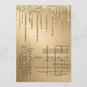 Invitación Purpurina de lujo Sparkly Gold Drips Dulce 16