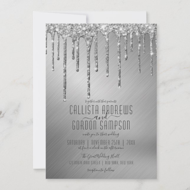 Invitación Purpurina de lujo Sparkly Silver Boda Dris (Anverso)