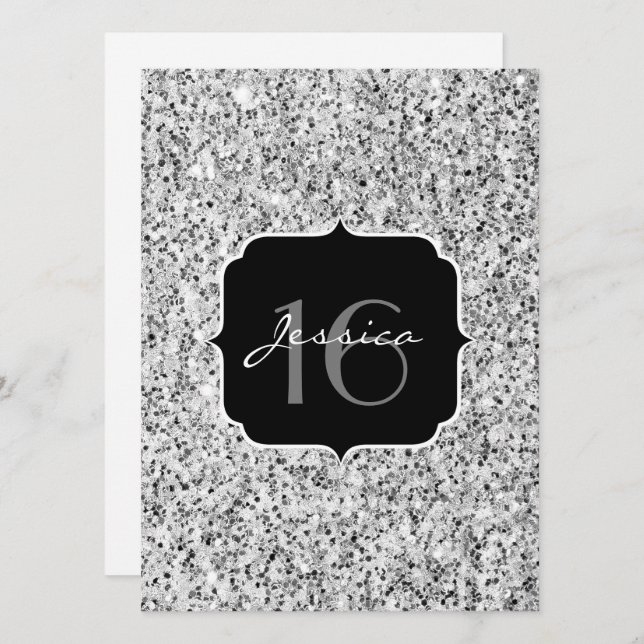 Invitación Purpurina de luz gris plateada chispas Sweet 16 (Anverso / Reverso)