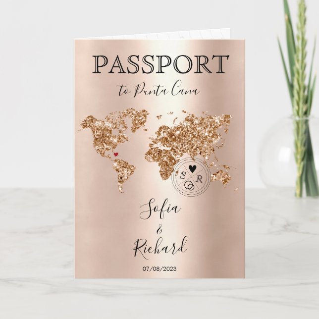 Invitación Purpurina de mapas del mundo de Passport Wedding d (Anverso)