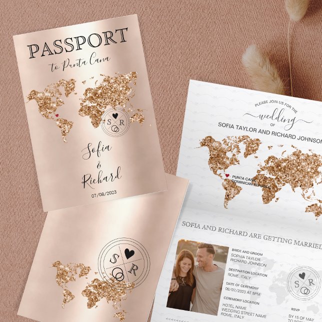 Invitación Purpurina de mapas del mundo de Passport Wedding d (Subido por el creador)