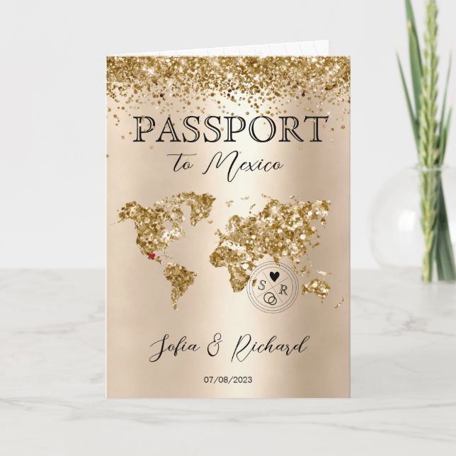 Invitación Purpurina de mapas del mundo de Passport Wedding d (Anverso)