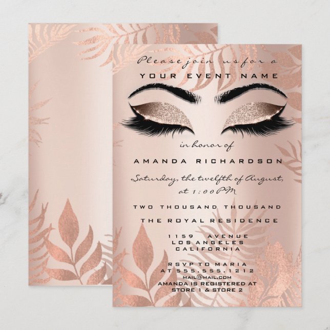 Invitación Purpurina de maquillaje de palma rosada de Rubor N (Anverso / Reverso)
