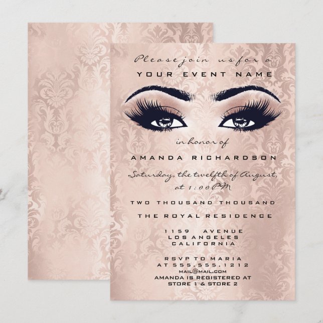 Invitación Purpurina de maquillaje rosa de Rubor Ojos 16.ª da (Anverso / Reverso)