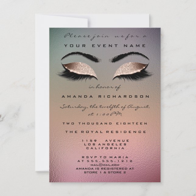 Invitación Purpurina de maquillaje rosa dorado Novia 16º ojo (Anverso)