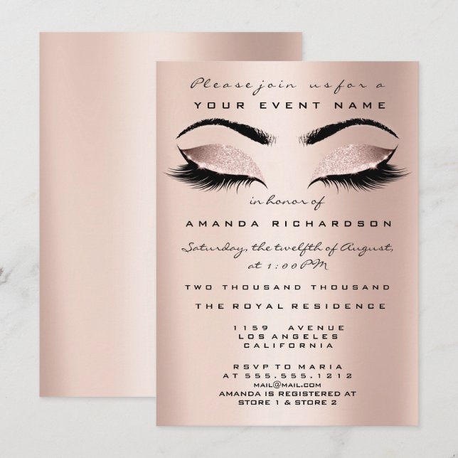 Invitación Purpurina de maquillaje rosado de Rubor Ojos 16 No (Anverso / Reverso)
