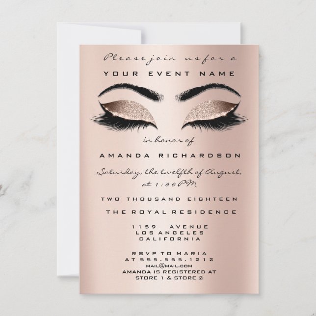 Invitación Purpurina de maquillaje rosado dorado Noche 16º oj (Anverso)