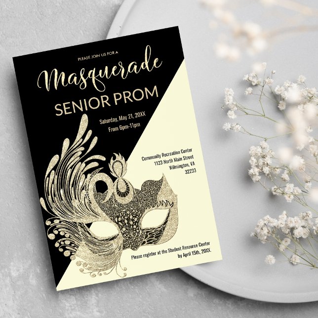 Invitación Purpurina de marfil negro: baile de máscaras (Black Ivory Gold Glitter Masquerade Prom)