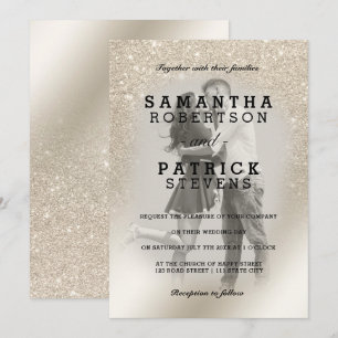 Invitación purpurina de marfil perla boda de fotografía metál