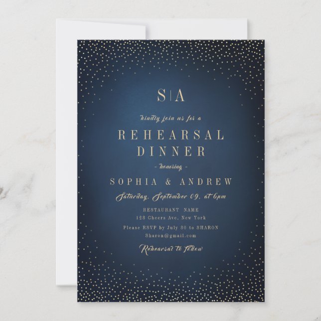 Invitación Purpurina de Marina y Oro Sencillo Ensayo Cena (Anverso)