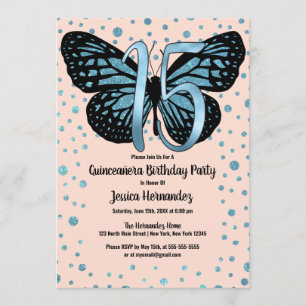 Invitación Purpurina de mariposa rosa azul Confetti Quinceañe
