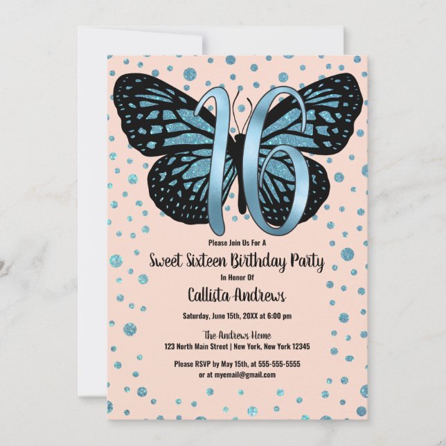 Invitación Purpurina de mariposa rosa azul Confetti Sweet 16 (Anverso)