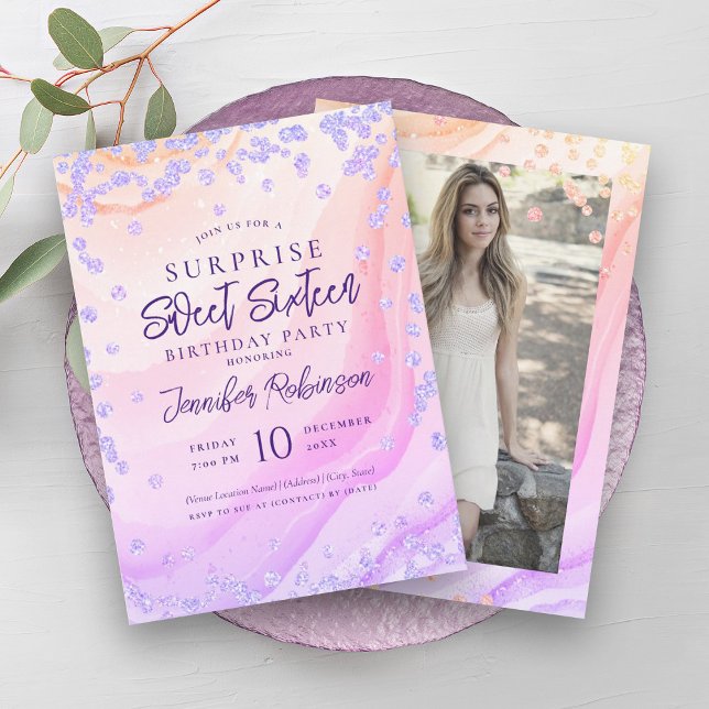 Invitación Purpurina de mármol arcoiris Foto SORPRESA Dulce 1 (Rainbow Marble Glitter Photo SURPRISE Sweet 16 Invitation)