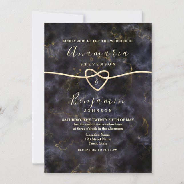 Invitación Purpurina de mármol Boda negro de oro (Anverso)