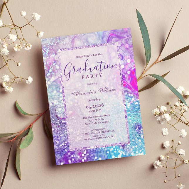 Invitación purpurina de mármol de lavanda de lila verde azula (Teal lilac lavender marble glitter Graduation Invitation )