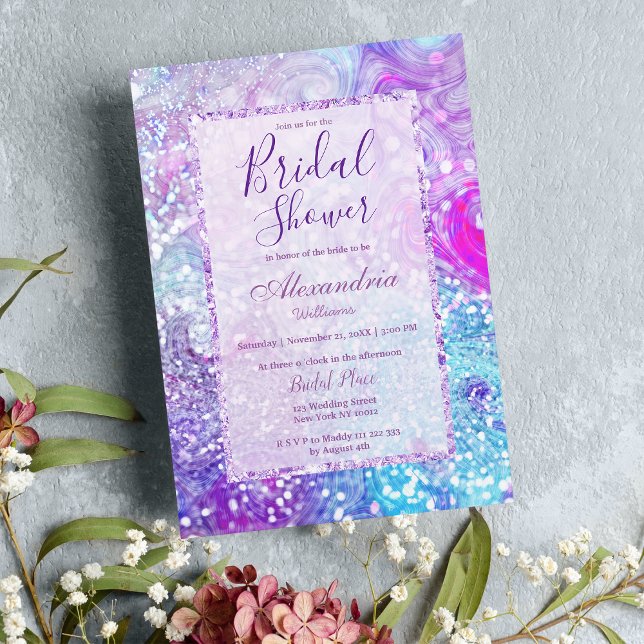 Invitación Purpurina de mármol de lavanda verde azulada morad (Purple teal lavender marble glitter Bridal Shower Invitation )