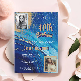 Invitación Purpurina de Mármol de Oro Azul 2 Foto 40 cumpleañ