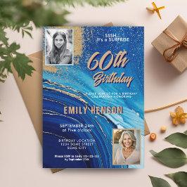 Invitación Purpurina de Mármol de Oro Azul 2 Foto 60 cumpleañ