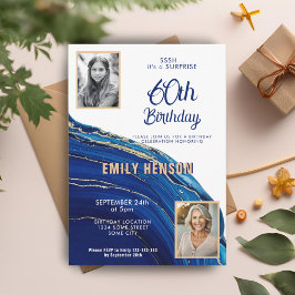 Invitación Purpurina de Mármol de Oro Azul 2 Foto 60 cumpleañ