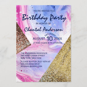 Invitación Purpurina de mármol líquido Aqua Rosa de Rubor Cum