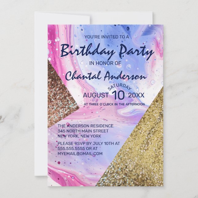 Invitación Purpurina de mármol líquido de Rubor Pink Aqua Cum (Anverso)