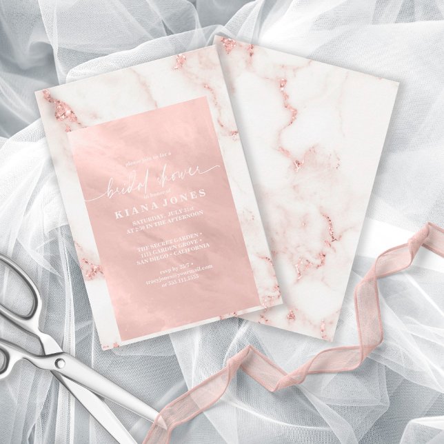 Invitación Purpurina de mármol moderno ducha de novia RoseGol (Front/Back In Situ)