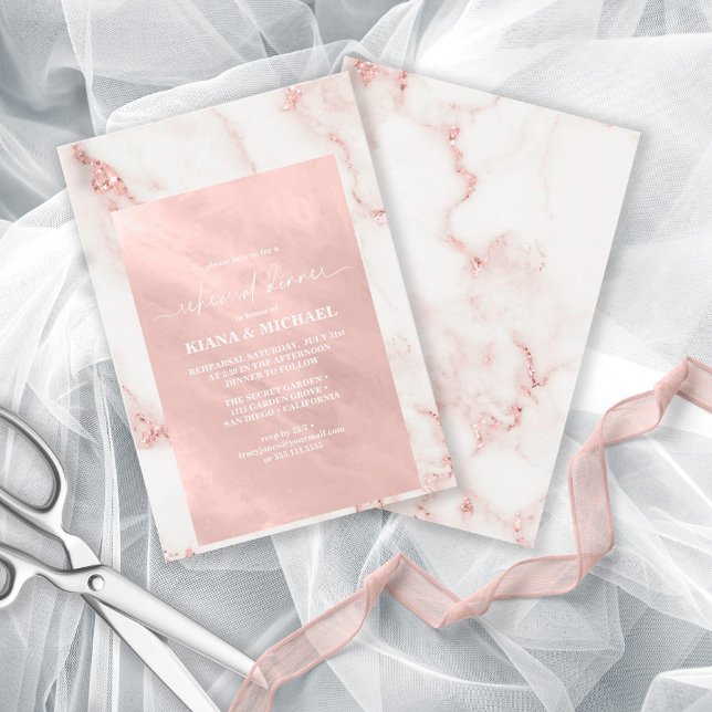 Invitación Purpurina de mármol moderno Rosa de ensayo Gold ID (Front/Back In Situ)