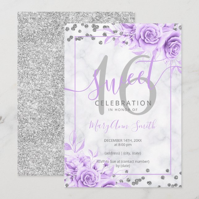 Invitación Purpurina de mármol Plata Morado Floral 16    (Anverso / Reverso)