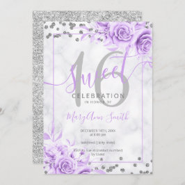 Invitación Purpurina de mármol Plata Morado Floral 16   